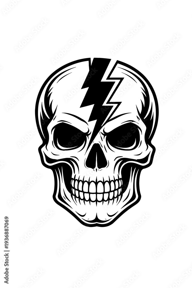 Fototapeta premium Striking Black and White Skull with Electrifying Lightning Bolt Forehead Graphic Vector Illustration for Edgy Designs, Tattoo Art, Rock Music Themes, and Powerful Symbolic Imagery, Perfect for Apparel