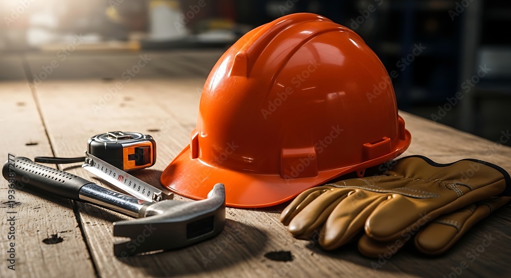 Fototapeta premium Labor day essentials hard hat tools and work gloves for american workers