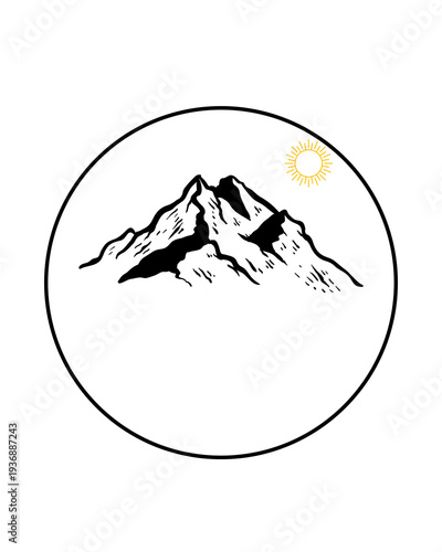 Minimal Mountain Landscape in Circle Frame with Sun – Nature Adventure Badge Logo