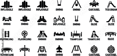 Playground equipment icons vector collection featuring swings, slides, carousel, trampoline and inflatable park play symbols isolated set
