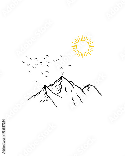 Mountain Landscape with Sun and Flying Birds – Minimal Nature Line Illustration