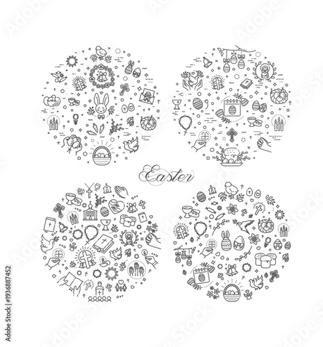 Easter Line Icons Set in Circle Composition. Spring Holiday Symbols Collection