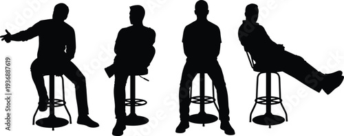 Black silhouettes of people sitting on stools in varied poses, expressive body language gestures, minimalist vector design for creative projects and stock content