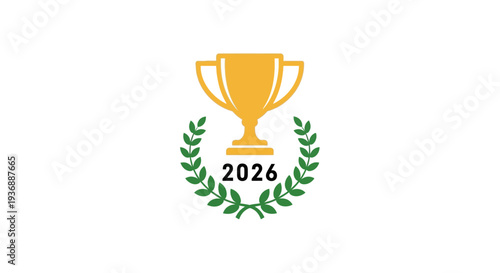 Golden trophy with laurel wreath and the year 2026.