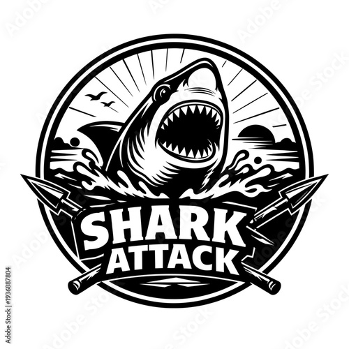 Striking black and white shark attack logo emblem with an aggressive great white shark bursting from ocean waves, wide open jaws, sharp teeth, and crossed harpoons. Ideal for sports, fishing, diving,