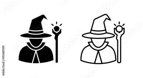 Fantasy Wizard Icon Set with Magic Staff and Pointed Hat Sorcerer Character