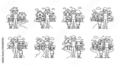 Line art illustrations depicting a mother and son in front of houses