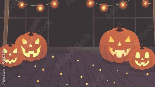 Jack-o-lanterns decorate an outdoor patio with string lights, festive Halloween night