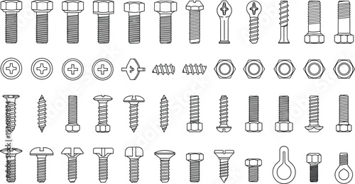 Screws bolts and nuts hardware outline icon set construction fastener vector symbols collection