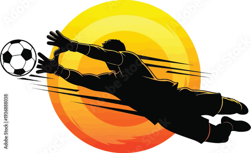 Dynamic graphic design silhouette of a soccer goalkeeper diving acrobatically to save a fast approaching ball