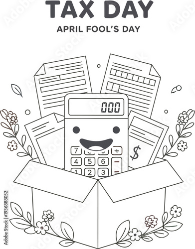 Cute smiling calculator character emerges from a box surrounded by paperwork suggesting a lighthearted tax day announcement