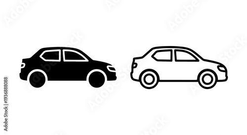 Sedan Car Side View Vector Icon Set in Solid and Outline Style
