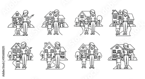 Line art illustrations depicting a mother and son in front of houses