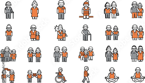 Senior people icons collection vector illustration featuring elderly men and women, couples and family in simple flat outline style isolated set