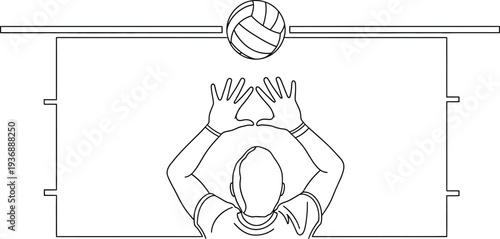 Line art illustration depicts a volleyball player positioning hands above the head preparing to set the ball over the net during a match.