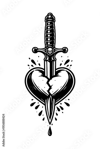 Black and white traditional tattoo art illustration of a dagger with a skull hilt piercing a broken heart, with blood drops. Symbolizes heartbreak, betrayal, and dark love. Perfect for graphic design,