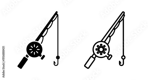 Professional fishing rod and reel icons with hook for angling and recreational sports graphics