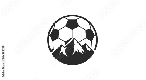 Black and white soccer ball with mountain landscape design.