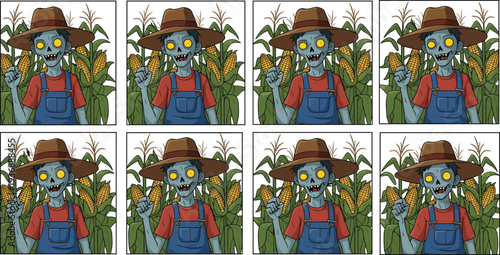 Halloween zombie scarecrow character in cornfield with glowing eyes, spooky vector design for horror themes, seasonal artwork, puzzles, and stock illustrations