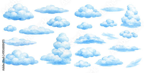 A charming watercolor collection of soft blue sky clouds for weather clipart and atmospheric illustrations.