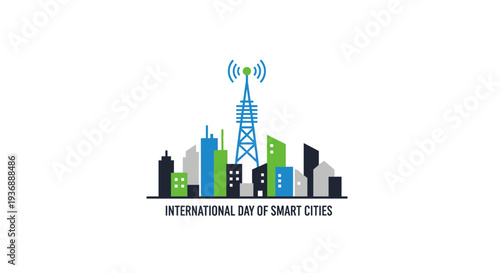 International Day of Smart Cities with futuristic cityscape and wireless communication tower.