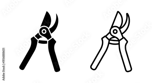 Black and white garden pruner icons for landscaping and plant maintenance tool design