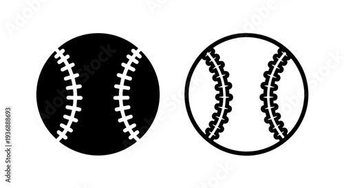 Black and white baseball ball icons with classic stitching for sports league graphics
