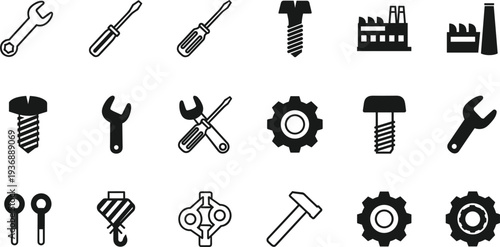 Tools and industrial equipment icon set wrench screwdriver bolt gear factory vector symbols collection pack