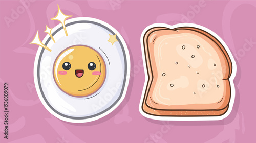 Kawaii cartoon vector illustration of a sunny side-up fried egg, cute breakfast character