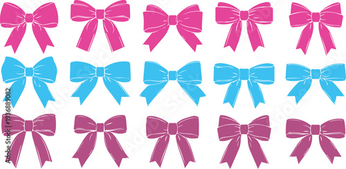 A collection of 12 colorful bows in pink blue and purple hues arranged in four rows of three on a plain white background