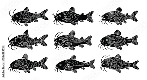 Nine stylized catfish illustrations arranged in a grid pattern