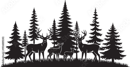 Silhouette of deer and trees in forest landscape