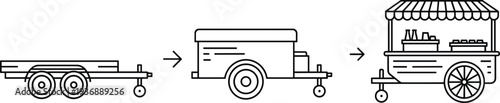 Trailer to street food cart transformation concept outline icon set mobile business vector symbols collection