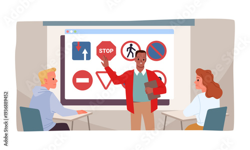 Driving instructor teaching students about road signs and traffic rules in a classroom setting, focusing on driving test preparation and safety vector illustration
