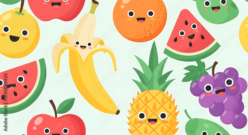 Fototapeta premium Cheerful and colorful seamless pattern featuring a variety of happy, smiling cartoon fruits illustration