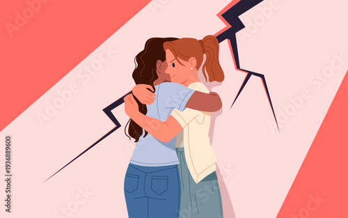 Two young women embrace with uneasy expressions, a jagged crack splitting the background, symbolizing conflict or betrayal in friendship, vector illustration