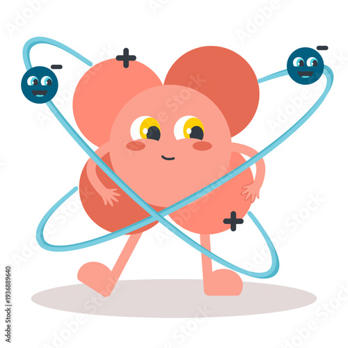 Educational vector illustration of a helium atom model for children's quantum physics