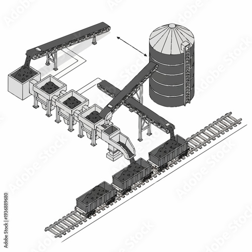 Industrial material processing and transportation system illustration.