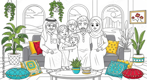 Family portrait of a group of people in traditional attire, smiling.