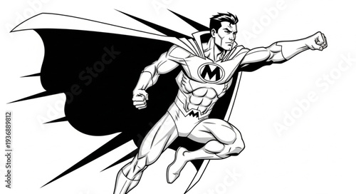 Superhero soaring through the sky with a powerful pose and determined expression.