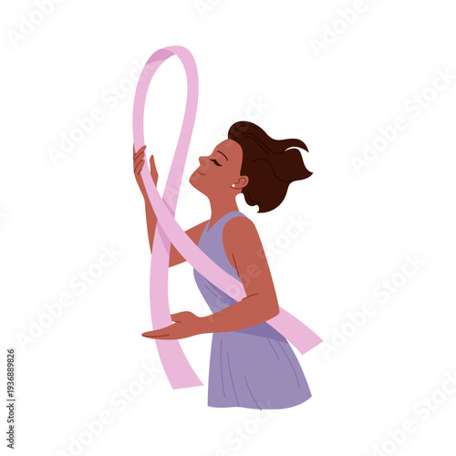 Isolated woman holding pink ribbon symbolizing hope and strength in fighting cancer vector illustration