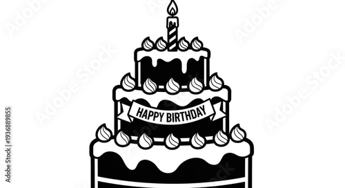 Three-tiered birthday cake with Happy Birthday banner and lit candle on top, black and white.