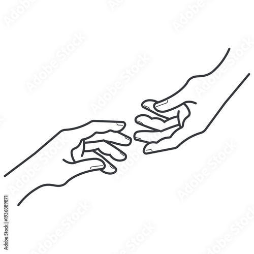 Isolated outline illustration of two hands reaching toward each other symbolizing help, support, connection, assistance, and human interaction concept