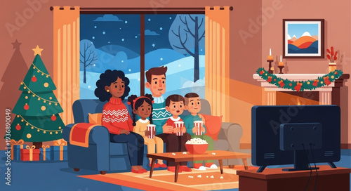 Family watching television together during the Christmas holiday season in their cozy living room.
