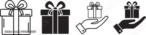 Gift giving icons with wrapped presents and hands