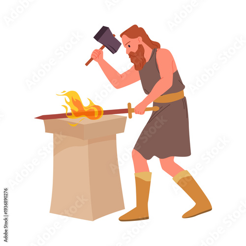 Isolated depiction of Greek god blacksmith forging a flaming sword on anvil vector illustration