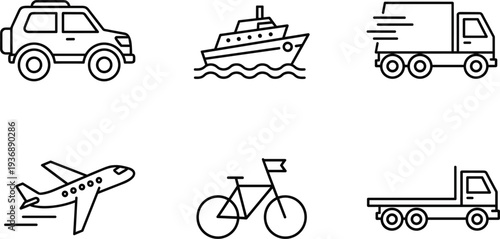 Transportation vehicles outline icon set car ship truck airplane bicycle delivery transport vector symbols collection