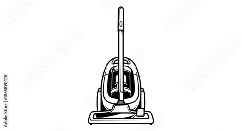 Upright vacuum cleaner illustration, detailed design, cleaning appliance, household equipment, floor care, dust removal, home maintenance.