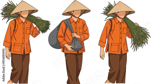 Asian farmer carrying rice bundle illustration, traditional agriculture worker wearing conical hat isolated on white background vector design