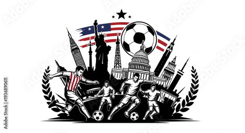 Soccer players in action with iconic landmarks and flags, a global sports celebration.